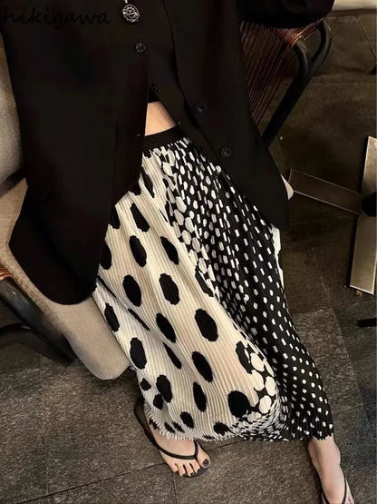 Summer Skirts for Women 2025 Faldas Mujer De Moda High Waist A-line Vintage Polka Dot Jupe Loose Pleated Skirt Korean Long Saia