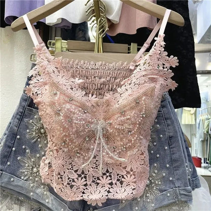 Women Clothing Heavy Beading Floral Tank Sexy Crop Tops Ropa Mujer Lace Butterfly Top Navel Baring Sexy Cropped Top Summer Camis
