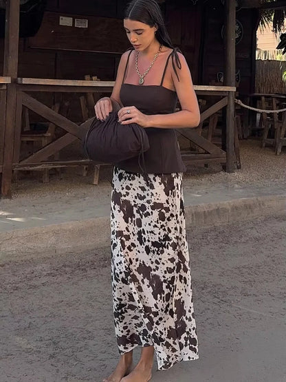 MUJER Print Satin Long Skirts for Women High Waist Midi Skirt Woman Spring Belt Women's Skirt Cylinder Vintage Women Skirt Sets