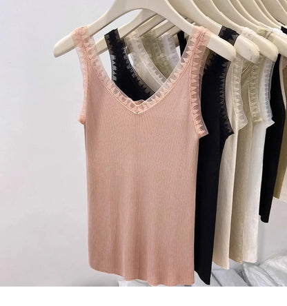 2025 Women Summer Fashion Thin Knitted Undershirt Sleeveless Corset Top Half High Neck Comfortable Breathable Lace Tank Top New