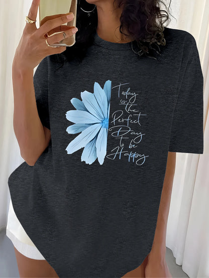 Plus Size Tops Women Clothes Inspirational - style Black T - shirt with Flower Motif Print ，Soft And Comfortable，Summer Outfits