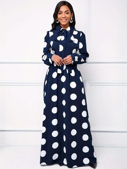 Casual Dresses Elegant Women Long Dress Sleeve Female Robe Bow Knot Polka Dots Girl's Vestidos Lady's Maxi Dresses