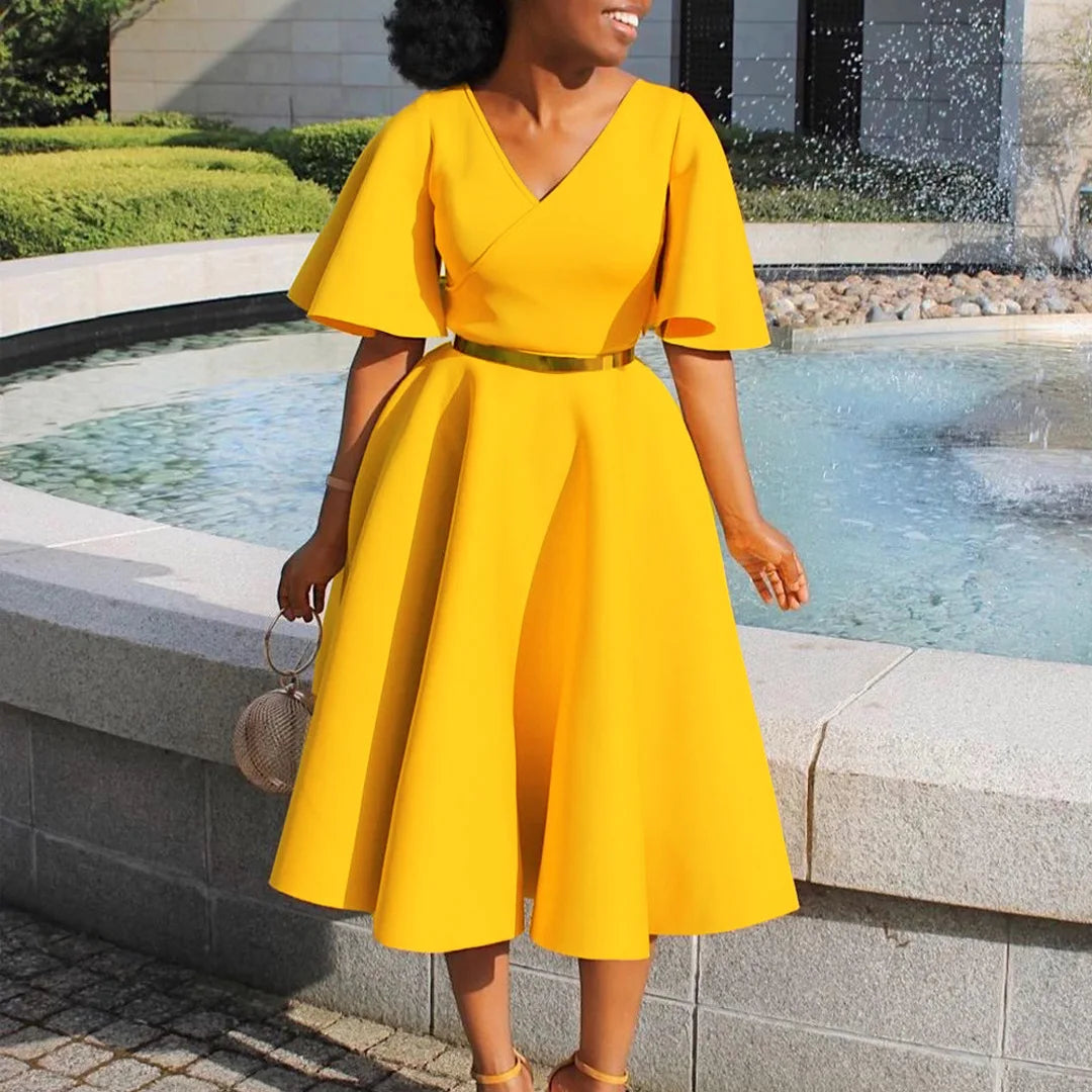 Dress Women Sexy Dresses White Round Neck Flare Sleeve Party Sheath Pleated High Waist Work Elegant Bodycon Mid Length Vestidos