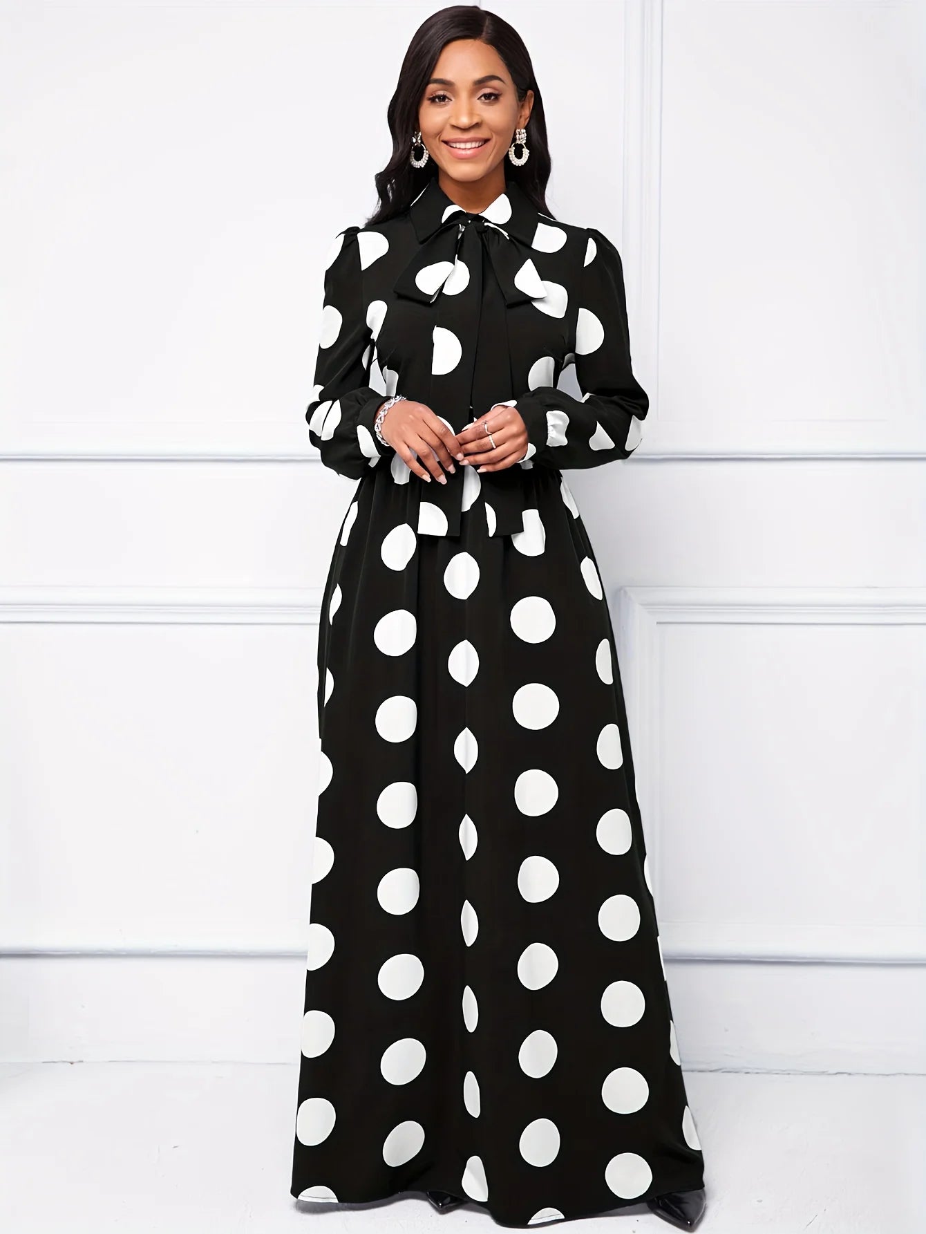 Casual Dresses Elegant Women Long Dress Sleeve Female Robe Bow Knot Polka Dots Girl's Vestidos Lady's Maxi Dresses
