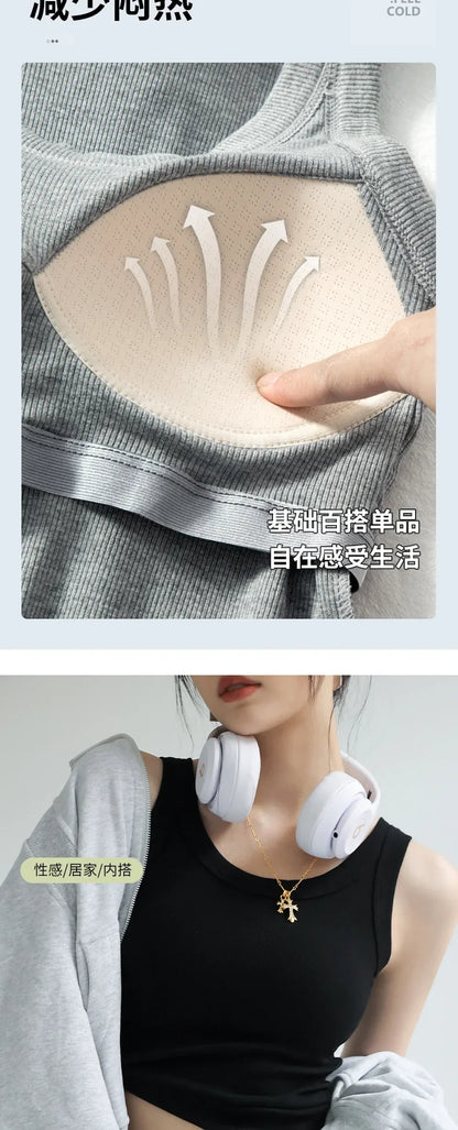 New Women Solid Round Neck Ribbed Tank Top Camisole Women Summer Basic Elastic TankTop One-piece Vest with Chest Pad Y2k