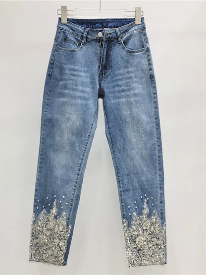 Women's Jeans High Waist Slim Hollow Out Lace Flowers Sequins Stretch Denim Pencil Pants 2025 Summer New Fashion