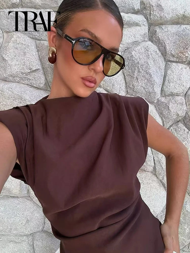 TRAF Ruffled Asymmetric Tops For Women Tanks & Camis Summer 2025 Burgundy Brown Black Tank Tops Ruched O-Neck Sleeveless Vests