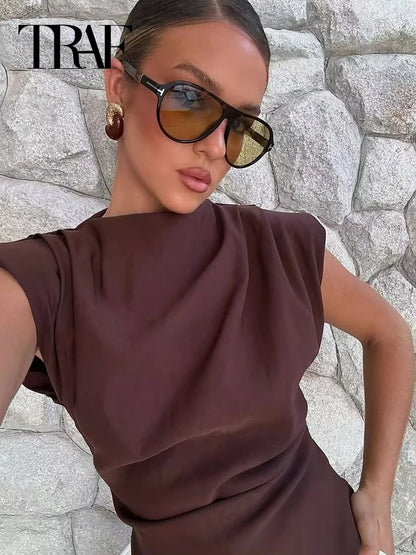 TRAF Ruffled Asymmetric Tops For Women Tanks & Camis Summer 2025 Burgundy Brown Black Tank Tops Ruched O-Neck Sleeveless Vests