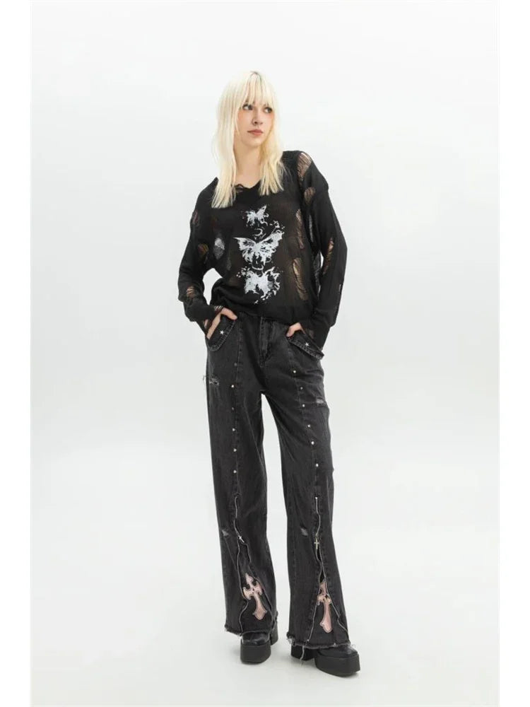 Women Clothing Black Gothic Jeans Pink Cross Y2k Oversize Loose Aesthetic Denim Trousers Harajuku Korean 2000s Jean Trashy Pants