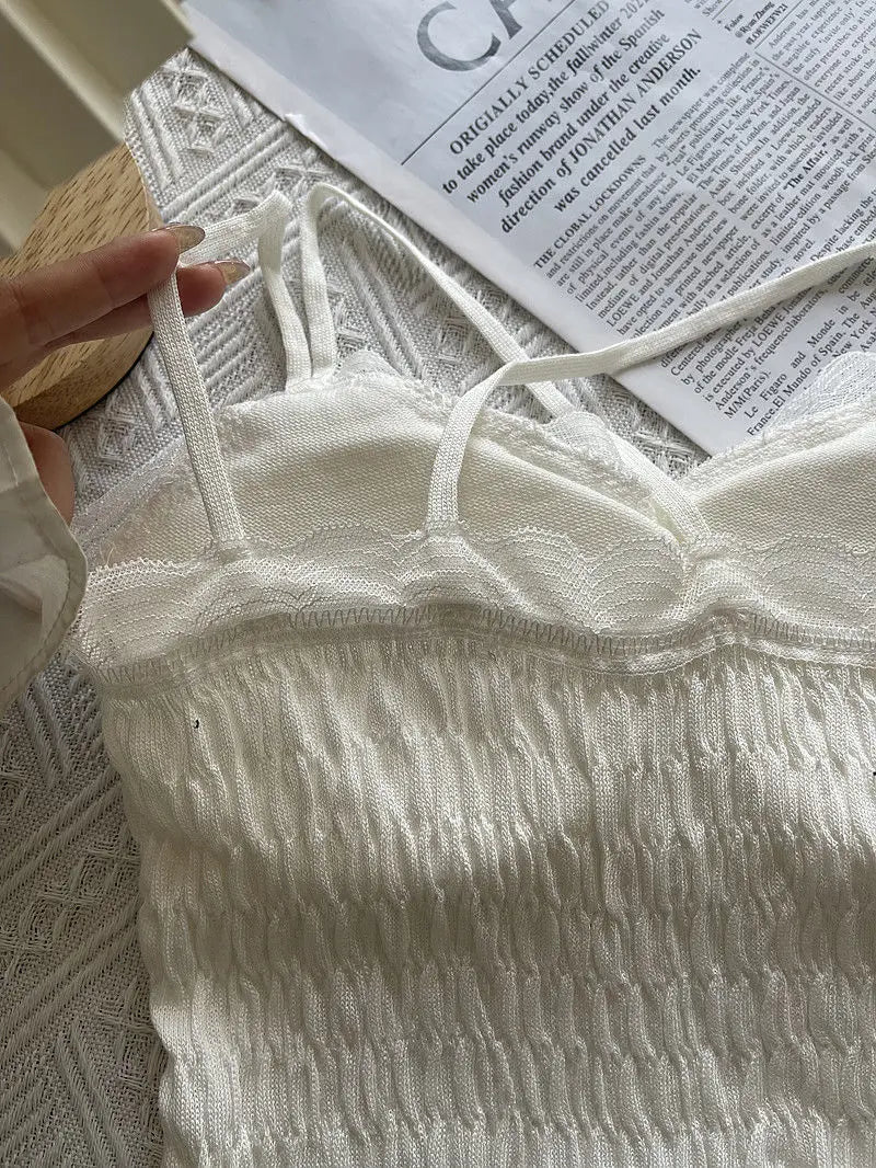 Summer Woman Clothes y2k Tops French Diamond Appliqué Camisole Bottoming Shirt Lace Crop Top Women's Folds Spaghetti Strap Tops