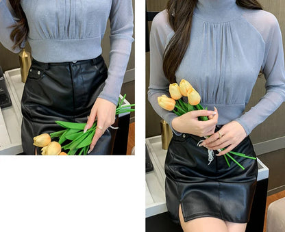 Tops Woman Autumn Winter Red Long Sleeve T Shirt for Women Rhinestone Turtleneck Glitter Sequin Cheap Clothes Elegant Clearance