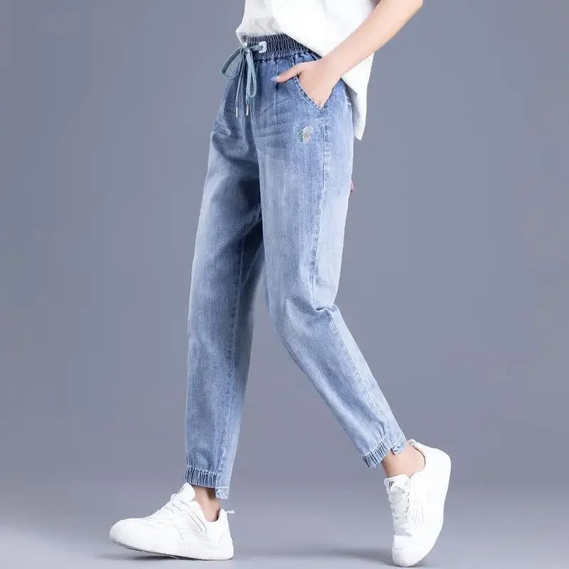 Womens Jeans Pants For Women With Pockets Blue Trousers High Waist Shot 2000s Y2k Wide Leg Xxl 90s Trend Unique Japanese Shiny
