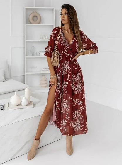 Women Dresses Sexy V Neck Retro Print Chiffon Maxi Dress Fashion Elastic Waist Side Splits Robe Elegant Long Sleeve Loose Dress