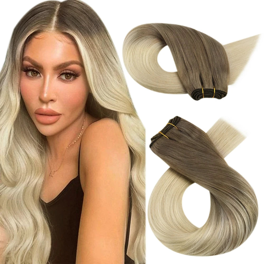 Moresoo Human Hair Bundles Weave in Double Wefted Machine Remy Hair Balayage Hair Pieces for Women Straight Weft Hair Extension