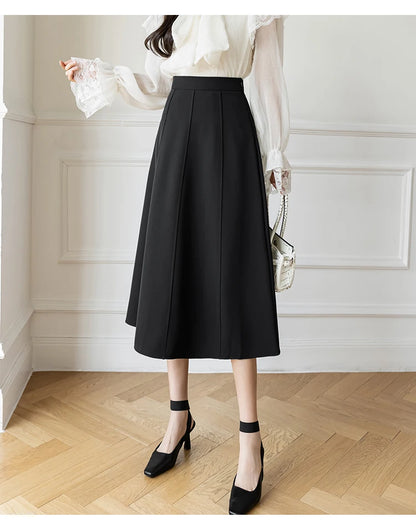 Women's Skirt 2025 Spring Women High Waist Solid Vintage Girl's Waist Down Skirt Knee-length A-line Fashion Thin Skirt for Women