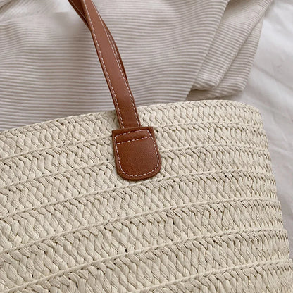 Women Braided Basket Clutches Top-handle Bag Large Straw Portable Shoulder Bag Summer Beach Party Purses Shopper Satchel Female