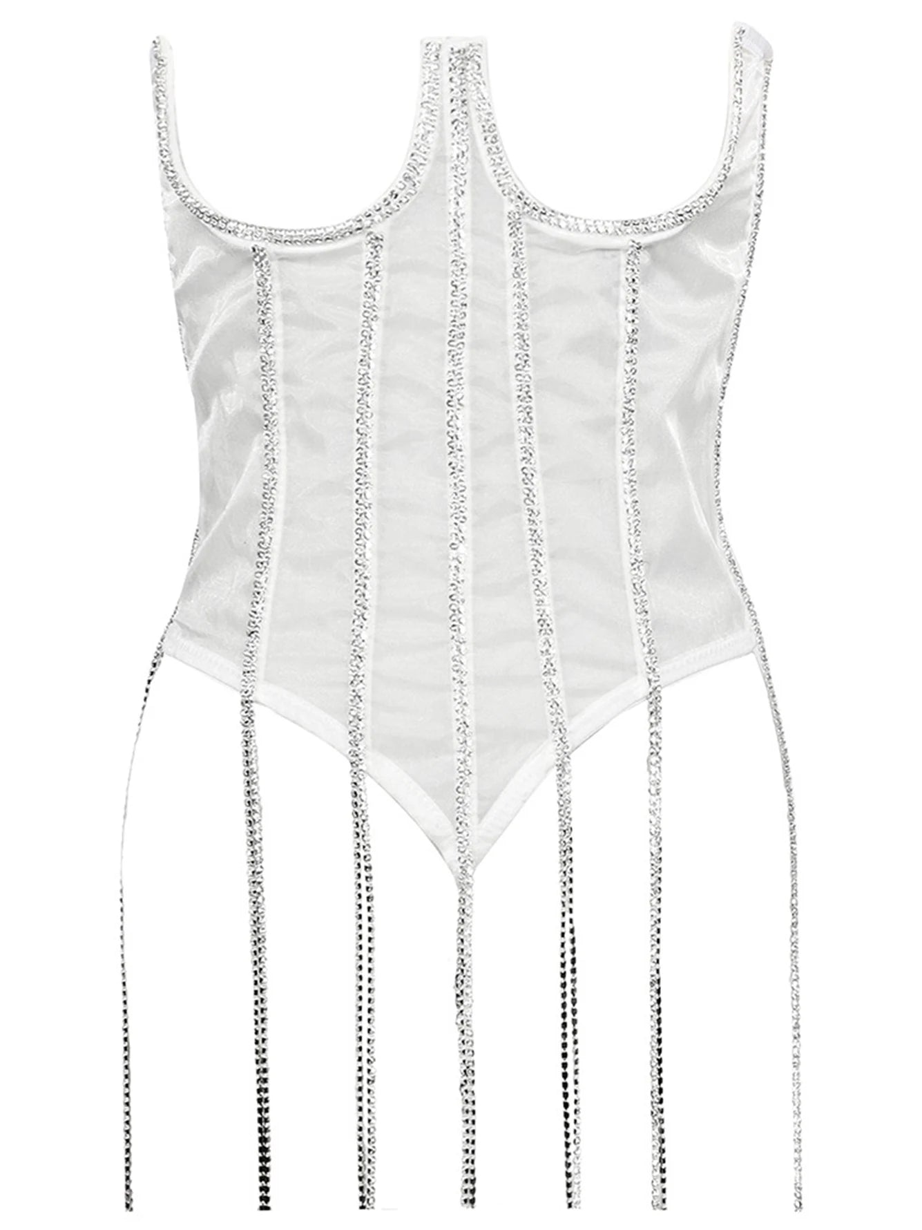 Women Tunic Bras In Waist Corset Tops Fashion Diamond Luxury Diamond Tassel Corset Slim Vest Sexy Tmesh Sheer Top Female 2025