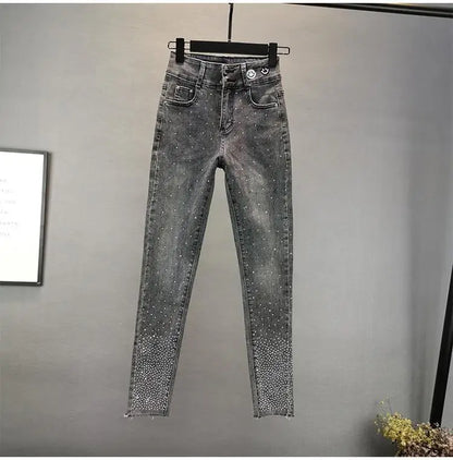 Women's Jeans 2025 Summer New Elastic Slim Heavy Industry Hot Diamond Small Foot Pencil Pants Female Casual Denim Trousers