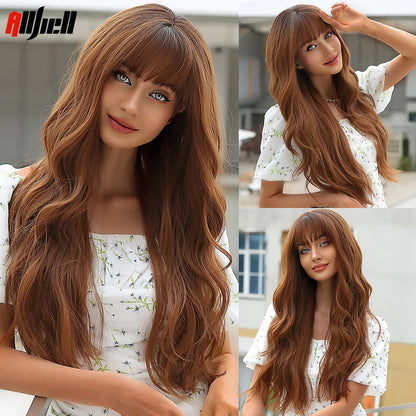 Long Wavy Wine Red Synthetic Wigs Natural Wave Afro Wigs With Bangs for Black Women Cosplay Costume Wig Heat Resistant Fiber