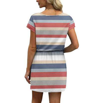 Summer Dresses for Women 2025 V Neck T Shirt Casual Mini Dresses Tie Waist Sundresses with Pockets Women's Short Sleeve Dresses