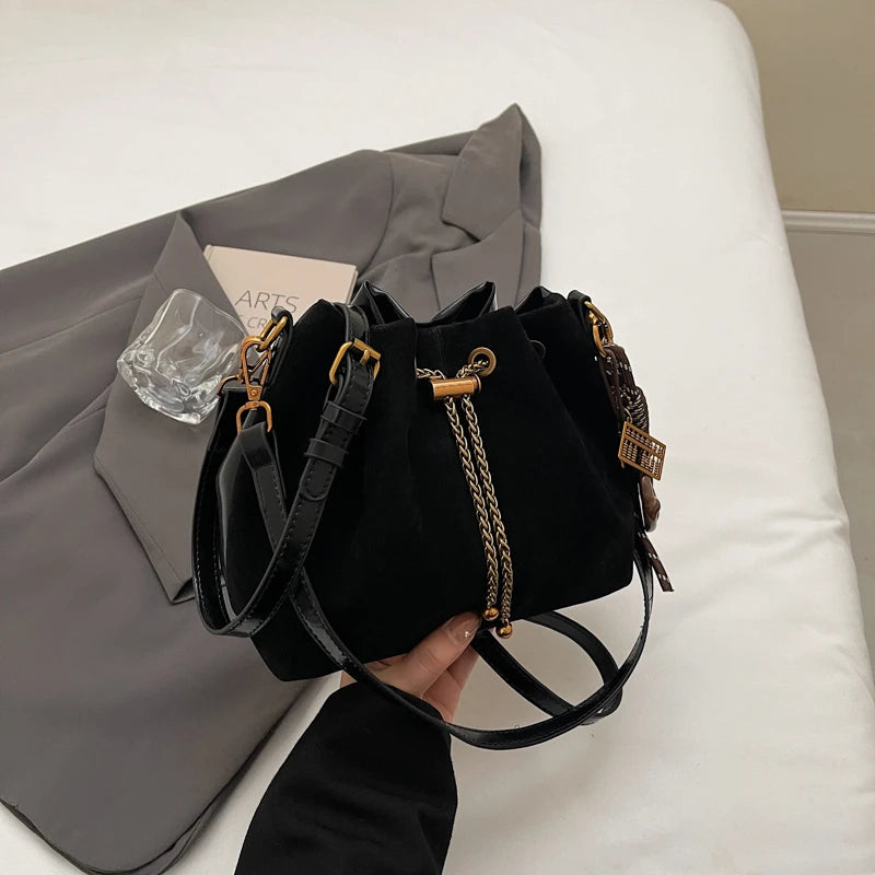 Women Vintage One Shoulder Bag Frosted Solid Drawstring Soft All-Match Bucket Bags High-Grade Versatile Commute Crossbody Packs