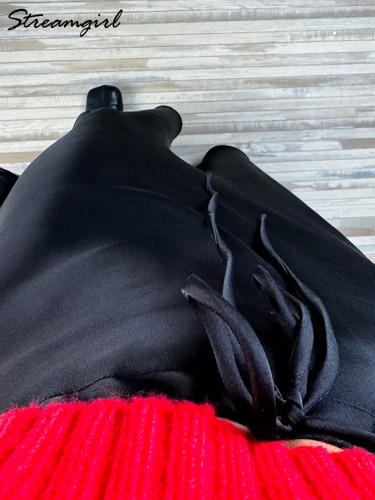 Long Black Satin Skirts Women For Work Summer Autumn Straight Brown Skirt Long Belt Coffee Formal Silk Maxi Skirt For Ladies