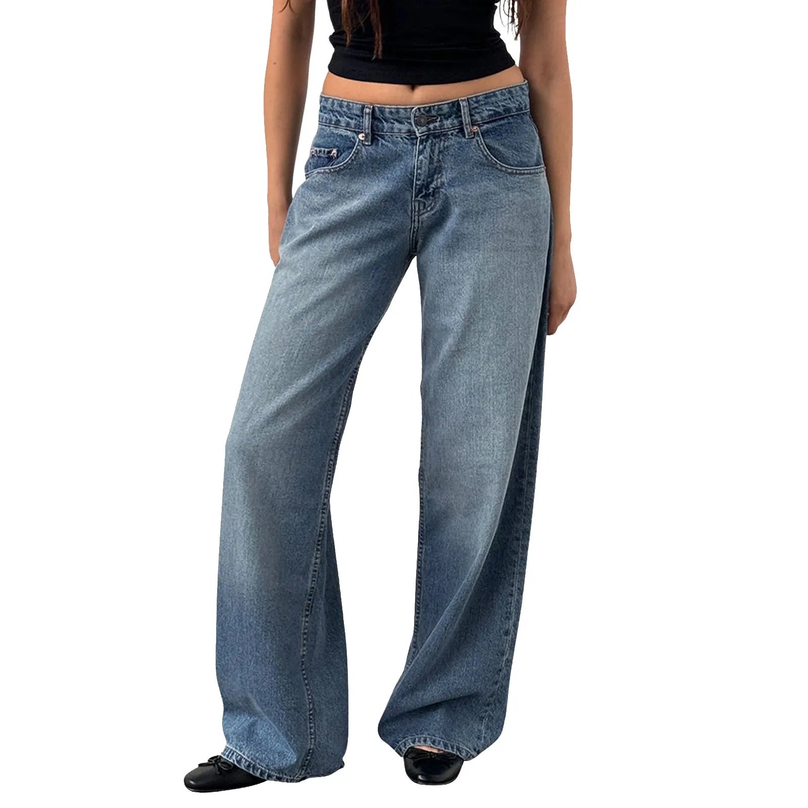 Retro Washed Jeans Women'S Design Sense Mid Waisted Straight-Leg Pants Loose Wide-Leg Mopping Pants Jeans Pants For Woman Jean
