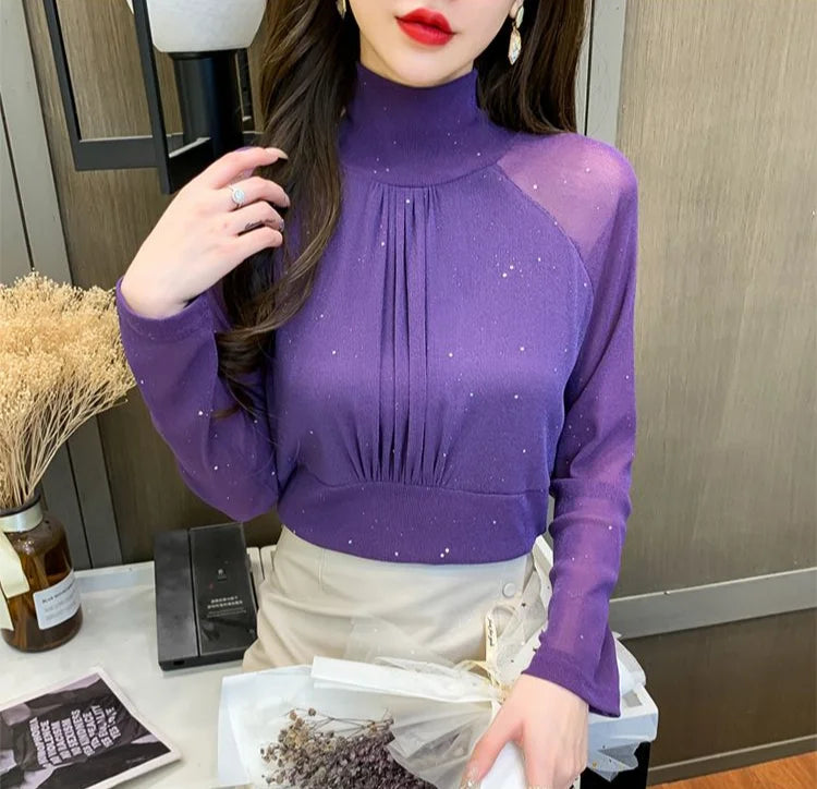 Tops Woman Autumn Winter Red Long Sleeve T Shirt for Women Rhinestone Turtleneck Glitter Sequin Cheap Clothes Elegant Clearance