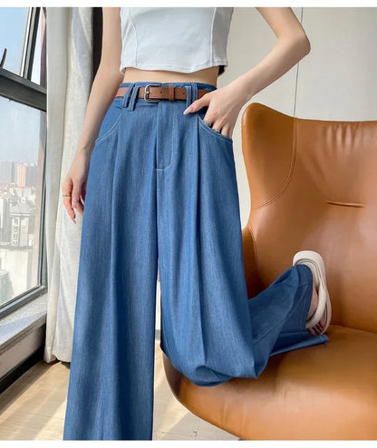 Women's Casual Basic Style Tencel Soft Ice Silk High Waisted Straight Jeans Female Commute Wide-Leg Light Blue Jeans