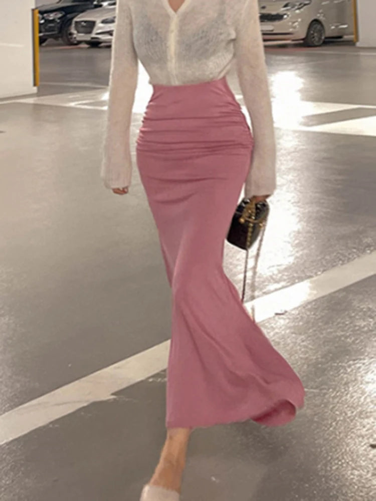 Shirring Satin Skirts for Women High Waisted Skirt 2025 Women A-Line Elegant Skirts Summer Pink Midi Skirt New Korean Style