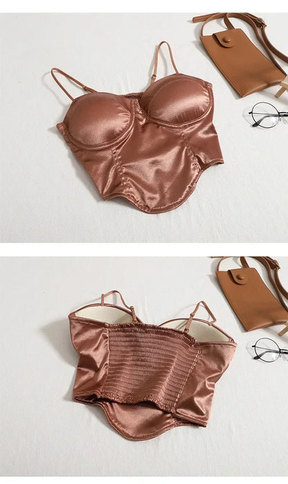 2024  Women Sexy Crop Top Solid Pleated Satin Tanks Top With Bra Pad Beach Camis Spaghetti Backless Casual Top Spring Summer