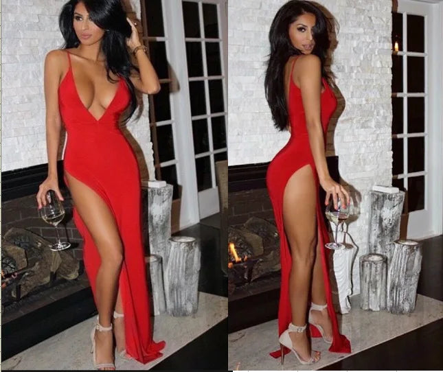 Women's Dress Deep V Low Cut High Elastic Sexy Tight Dress Nightclub Side High Split Skirt Party Fun Banquet Bodycon Long Dress