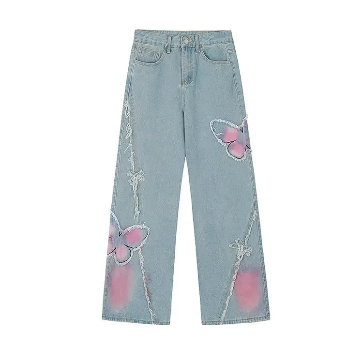 Denim Pants for Women Butterfly Gyaru Womens Jeans Embroidered 90s Loosefit 2025 Fashion Trousers Pant Cool Stretched Wide Leg Z