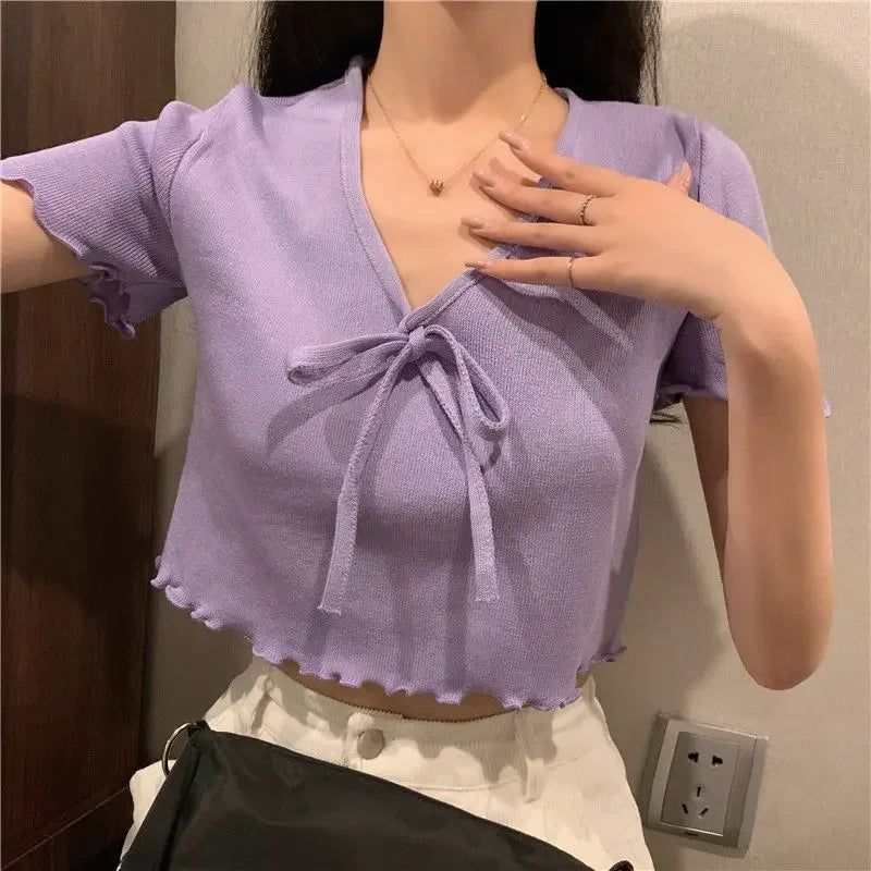 Tops Woman Short Sleeve T Shirt for Women V Neck New in Knitwears Plain Sexy Crop Korean Fashion Reviews Clothes Many Polyester