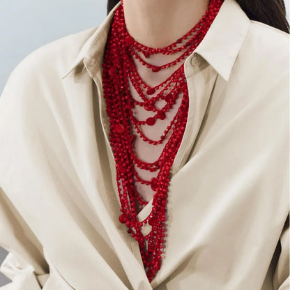 Multi Layer Red Irregular Beaded Necklace for Women European American Fashion Hip-Hop Exaggerated Bib Collar Jewelry Accessories