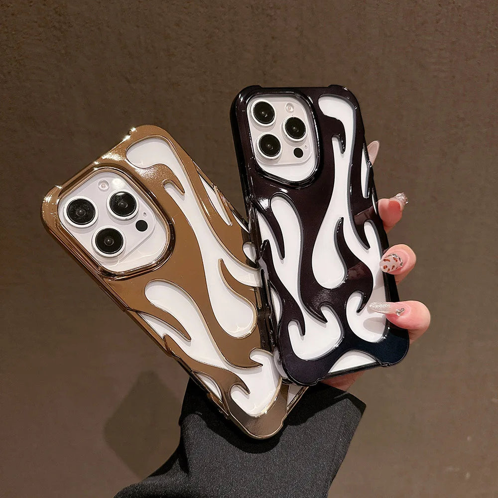 Fashion Plating 3D Hollowed Flame Phone Case For iPhone 16 15 14 13 12 11 Pro Max Fundas Creative Electroplated Soft Back Cover