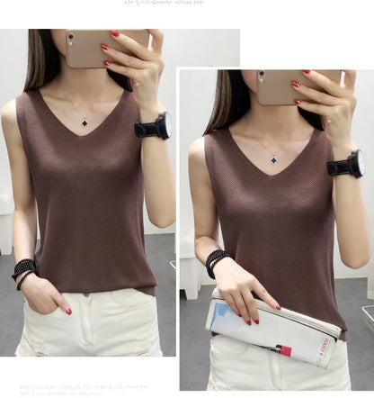 Top women Summer V Neck Hollow Knitted Vest Sleeveless Casual Tank Blusas Tops Sheer Mesh Patchwork T Shirt Bottom Camisole 2019