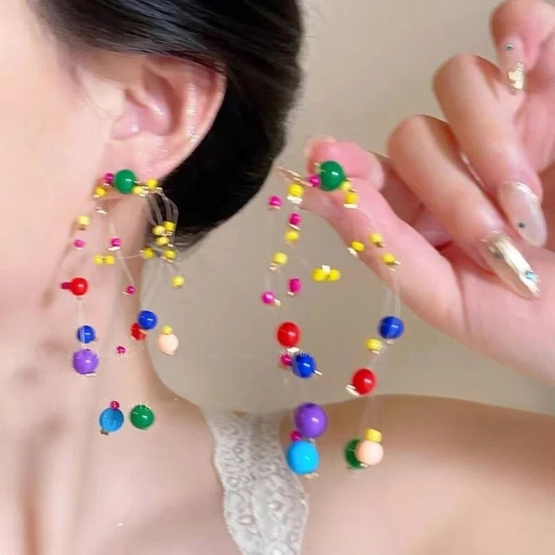 Long Colorful Earrings with Beads Colorful Beaded Earrings Eye Catching Earwear