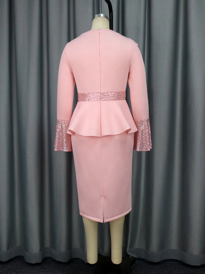 Church Dresses for Women Elegant Ruffles Long Flare Sleeves Sequined Party Bodycon Peplum Classy Occasion African Wedding Guest