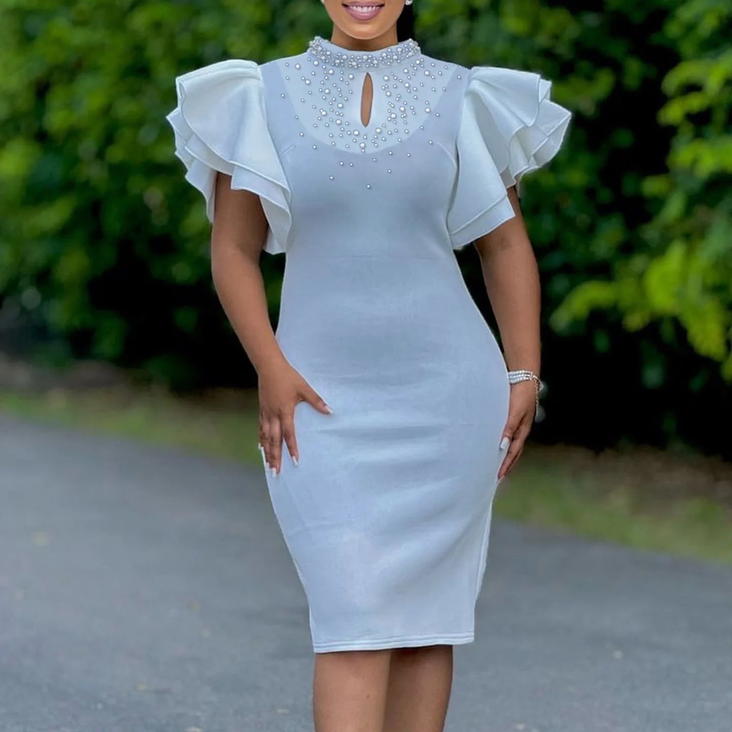 Elegant Dresses for Women O Neck Ruffles Sleeve Beaded Sheath Package Hips Mid Calf Luxury Birthday Party Dinner Vestidos Mujer