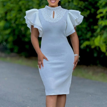 Elegant Dresses for Women O Neck Ruffles Sleeve Beaded Sheath Package Hips Mid Calf Luxury Birthday Party Dinner Vestidos Mujer