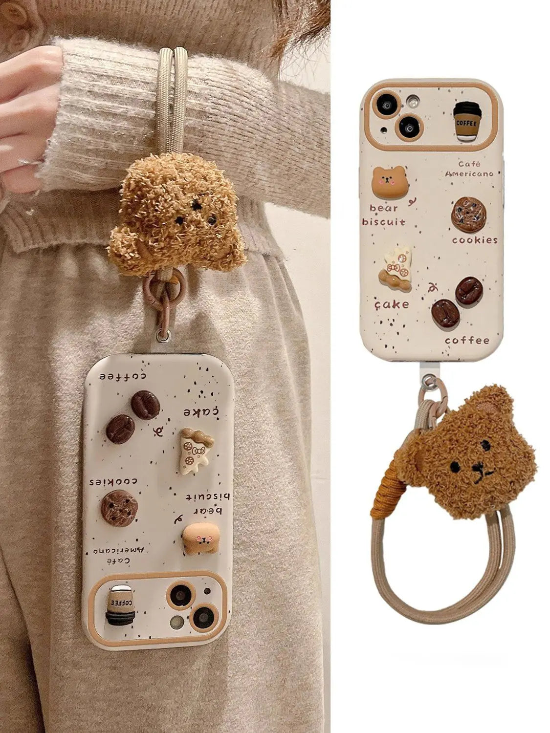 Cute Bear Coffee Phone Case, for IPhone 11 15 14 13 12 Pro Max 15Pro 14Pro Shockproof Silicone Cover ,with Lanyard Full Cases