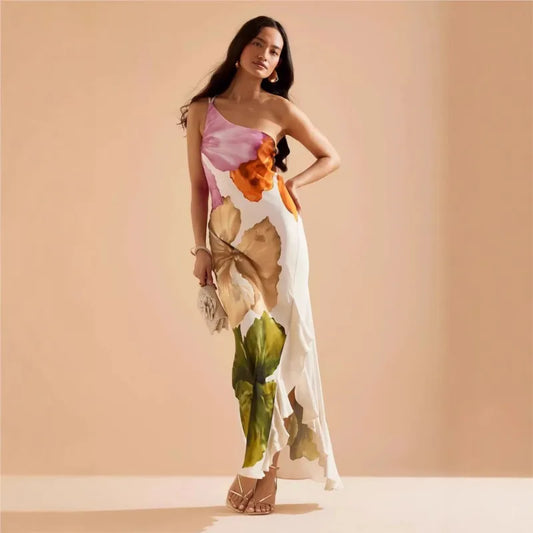 Women's Dress 2025 New Summer Floral Print One-shoulder Elegant Party Evening Maxi Dresses Fashion Vacation Beach Dress