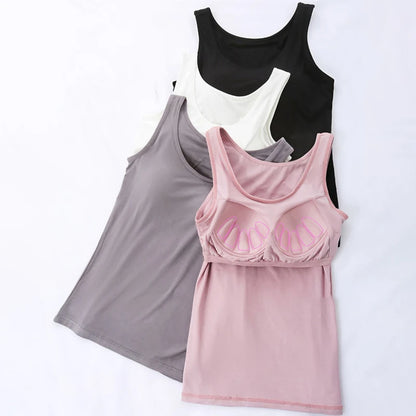 2024 Women's Vest Tops With Built In Bra Neck Vest Padded Slim Fit Tank Tops Sexy Shirts With Chest Pad Feminino Casual