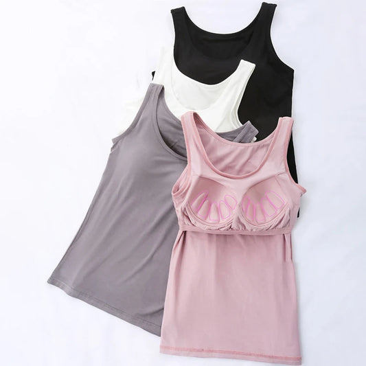 2024 Women's Vest Tops With Built In Bra Neck Vest Padded Slim Fit Tank Tops Sexy Shirts With Chest Pad Feminino Casual