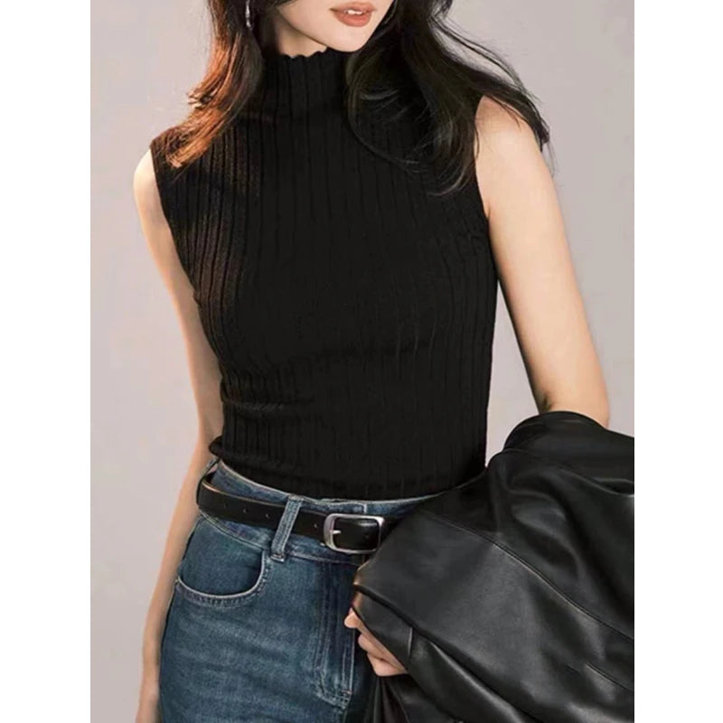 Black Tank Tops Women Sleeveless Knitted T-Shirts Crop Tops Female Elastic Slim Vests Casual 2025 Summer Spring Pullover Camis