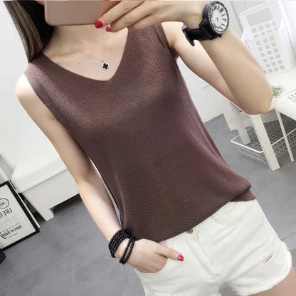 Top women Summer V Neck Hollow Knitted Vest Sleeveless Casual Tank Blusas Tops Sheer Mesh Patchwork T Shirt Bottom Camisole 2019