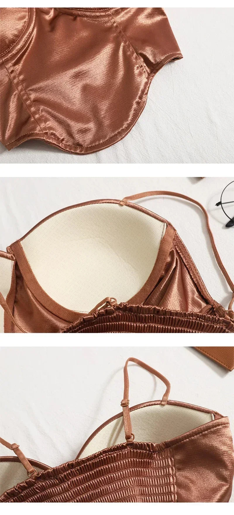 2024  Women Sexy Crop Top Solid Pleated Satin Tanks Top With Bra Pad Beach Camis Spaghetti Backless Casual Top Spring Summer