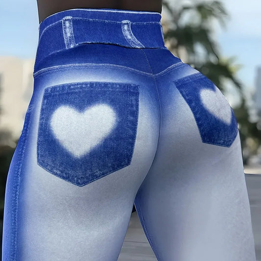 Women Love Fake Pocket Print Leggings High Waist Stretchy Jean Legging Fashion Casual Pencil Pants Yoga Fitness Slim Leggings