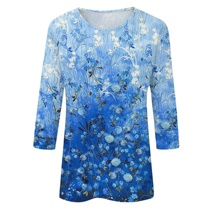 2024 Women Summer Tops Comfortable T Shirt Fashion Flower Print Round Neck 3/4 Sleeve Tops Soft Versatile Pullover Ropa De Mujer